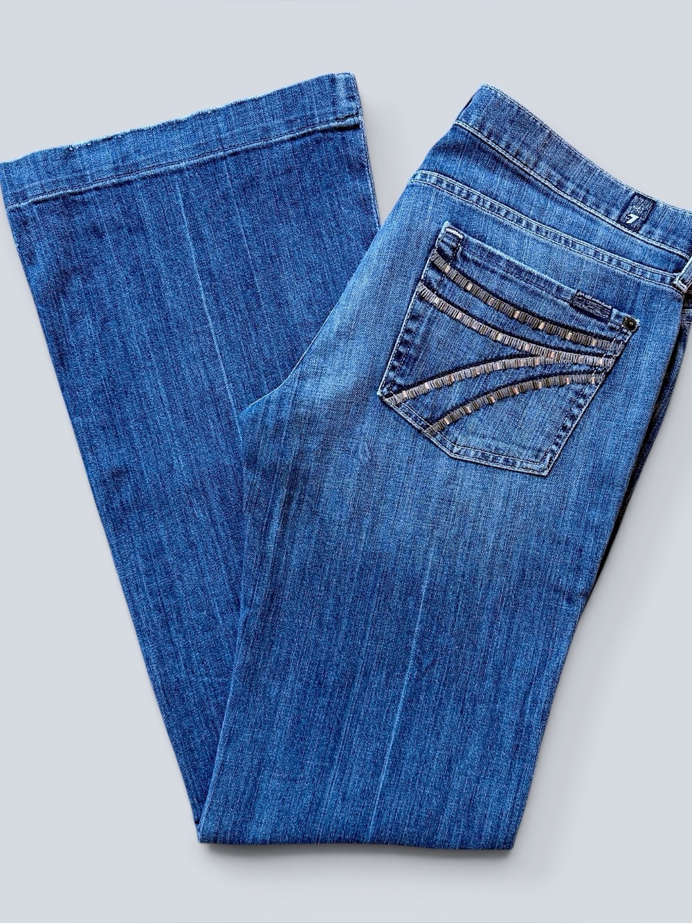 Vintage 7 For All Mankind Dojo Flare Jeans 32 Crystal Embellished Pocket USA Y2K - Picture 2 of 16
